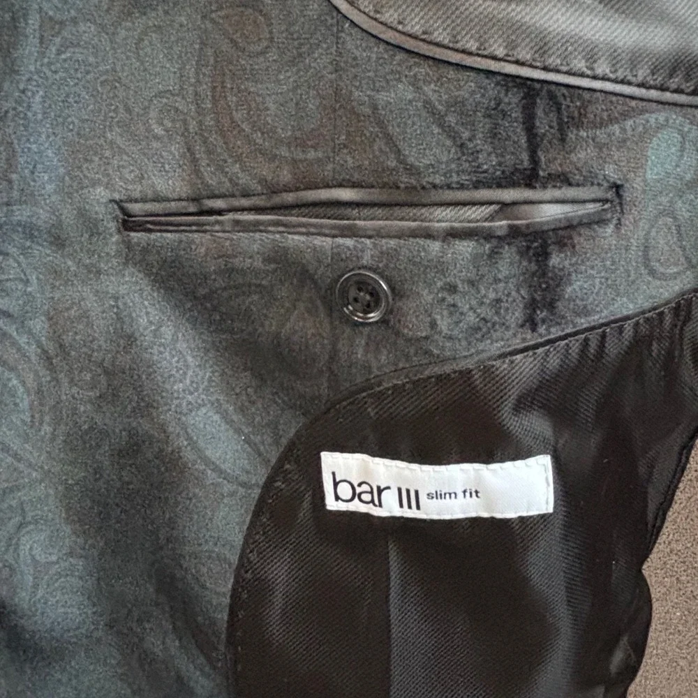 Bar III Black Green Paisley Velvet Slim Fit Tuxedo Jacket 44L Formal